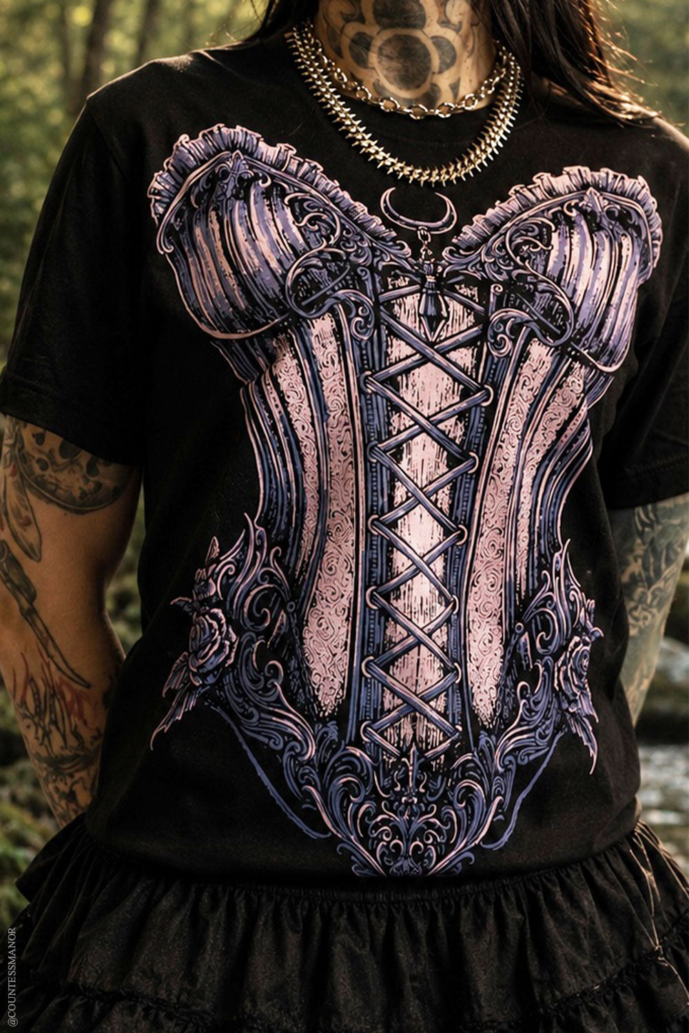 romantic goth short sleeve pink and purple corset graphic t-shirt