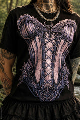 romantic goth short sleeve pink and purple corset graphic t-shirt