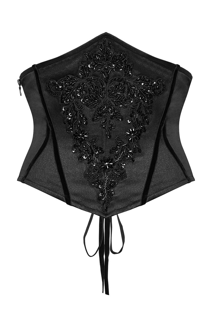 black beaded womens underbust satin corset with side zipper