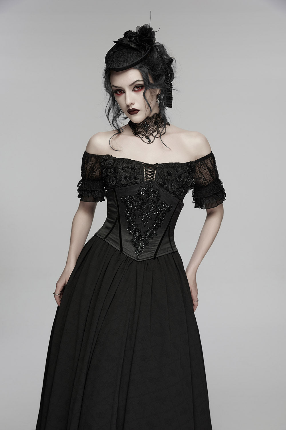 laced black beaded womens underbust satin corset