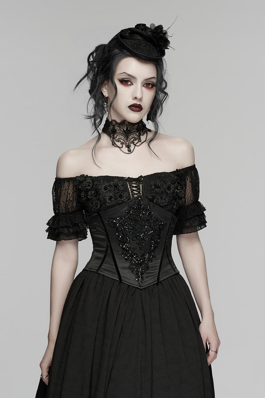 black beaded womens underbust satin corset