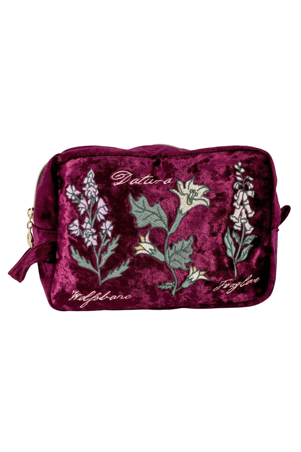 makeup bag with burgundy crushed velvet, pink satin lining, and a gold zipper