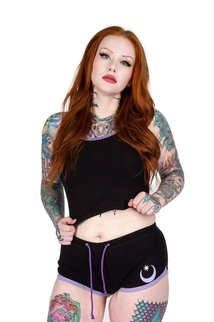 Cosmic Bat Purple Trim Short Shorts - womens bottoms - VampireFreaks - Too Fast