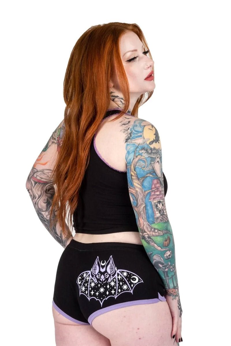 Cosmic Bat Purple Trim Short Shorts - womens bottoms - VampireFreaks - Too Fast