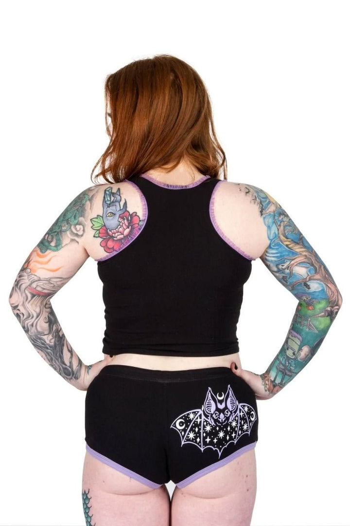 Cosmic Bat Purple Trim Short Shorts - womens bottoms - VampireFreaks - Too Fast