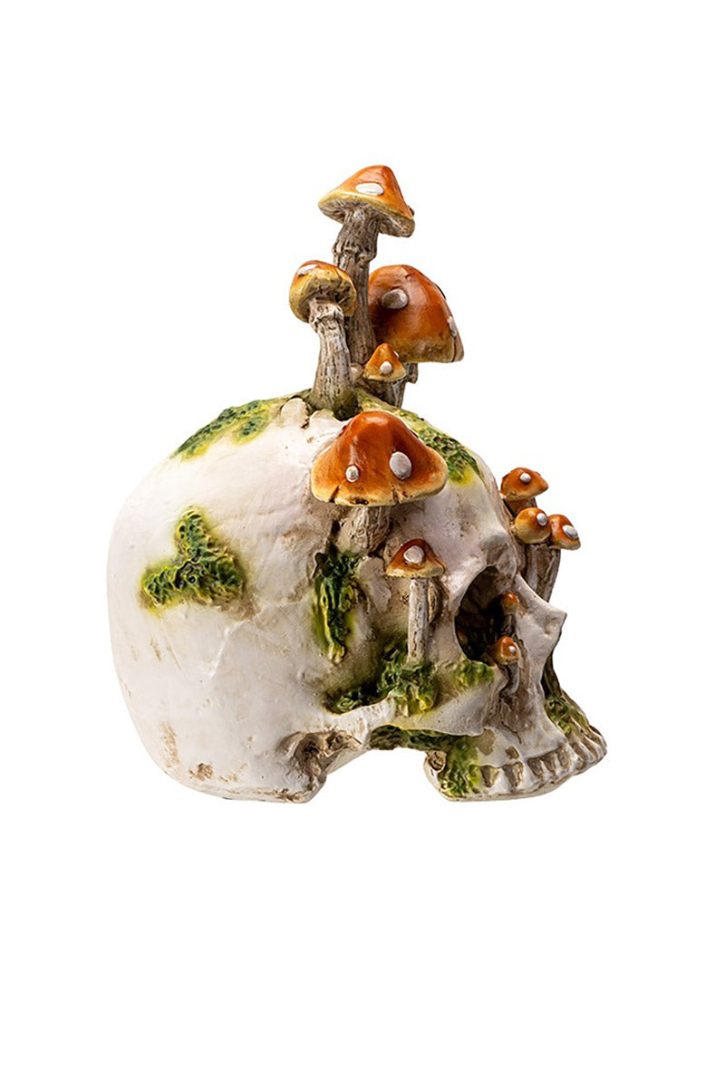 distressed skull figurine with toadstool mushroom statues