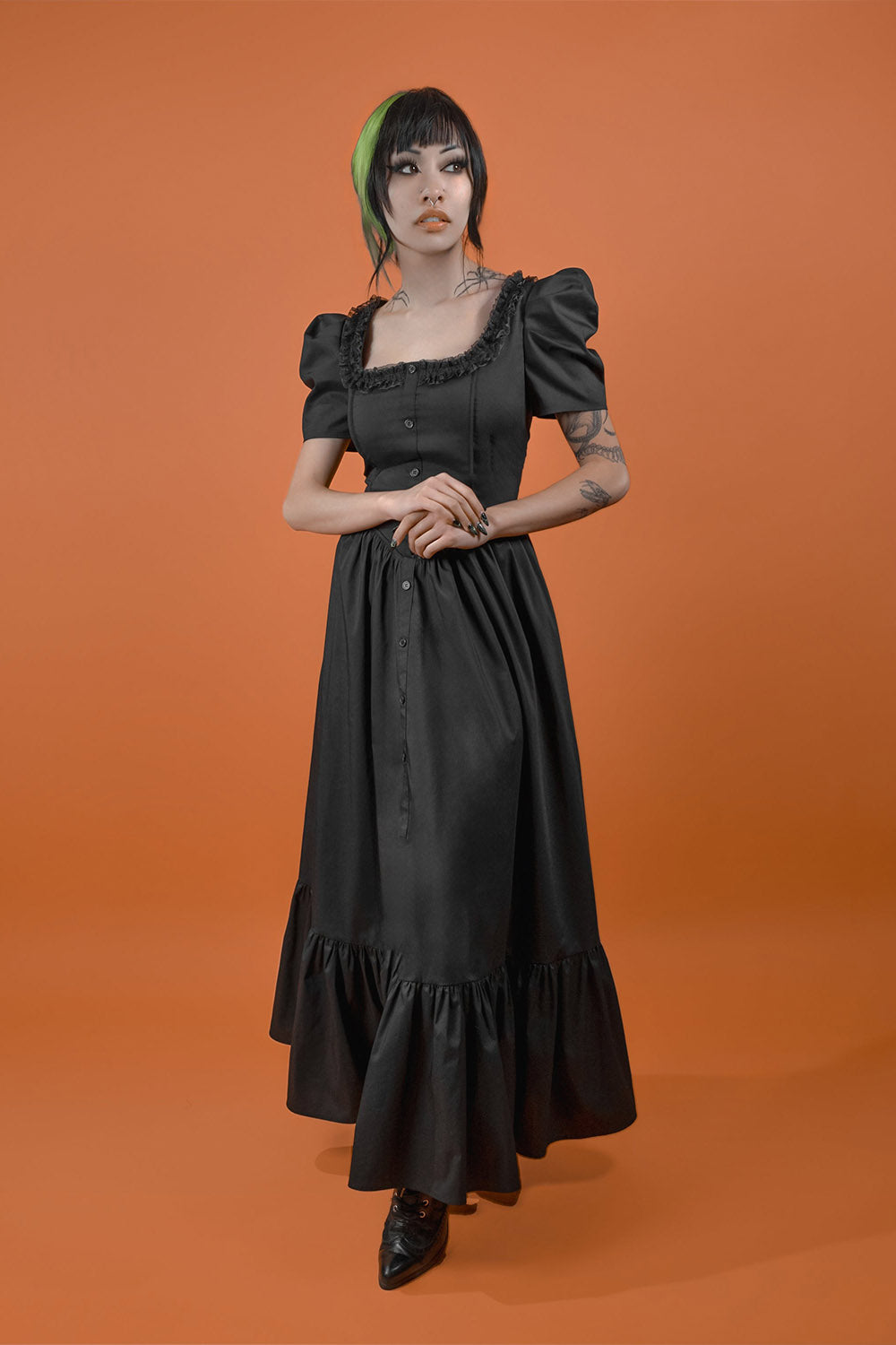 square neckline puffed short sleeve black dress