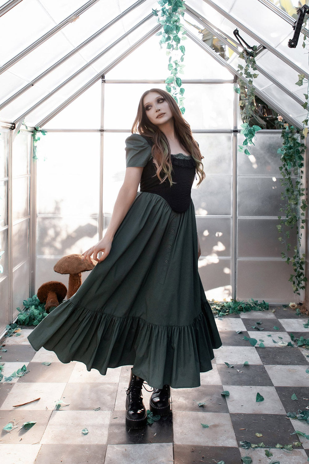womens puff short sleeve green cottagecore dress by lively ghosts