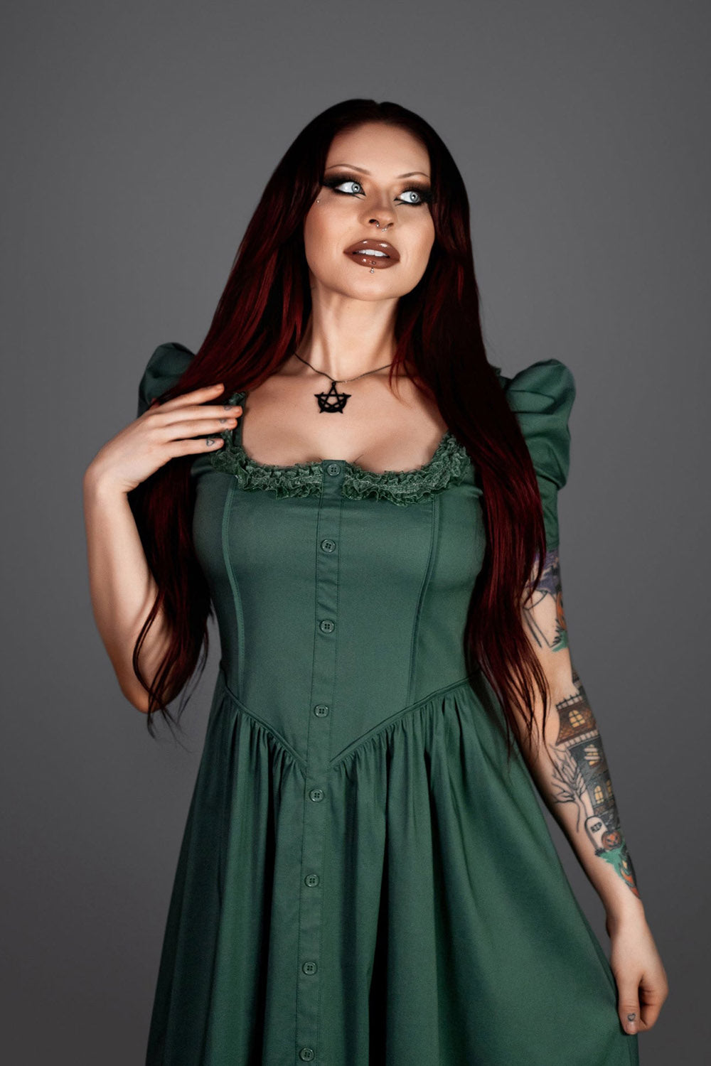 romantic goth womens puff short sleeve green cottagecore dress
