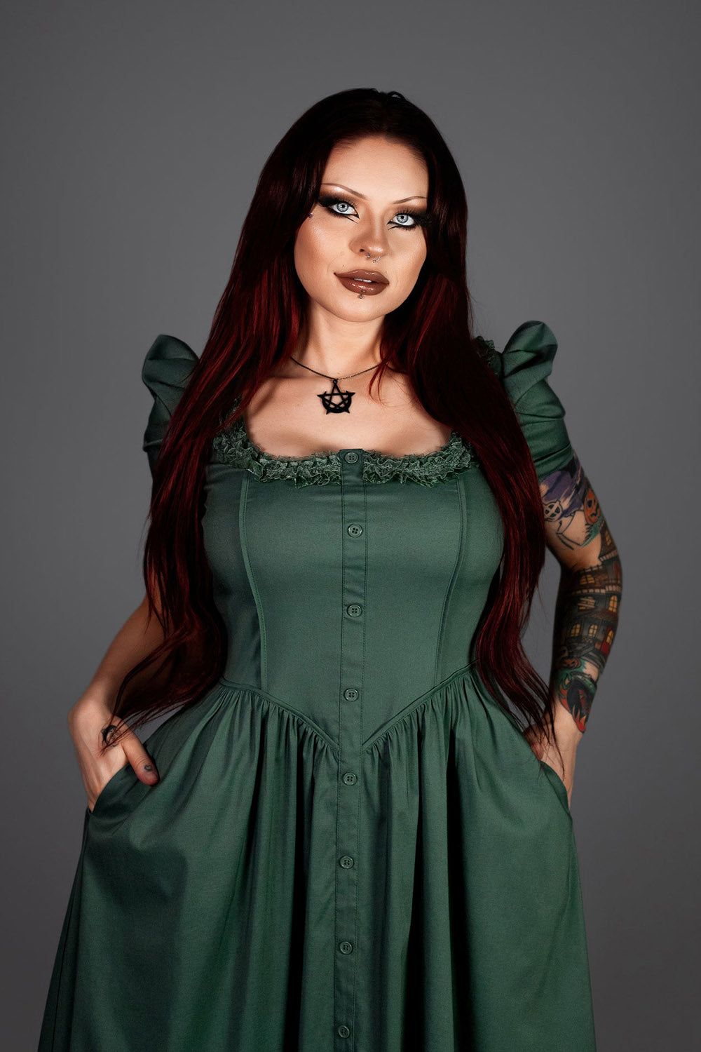 vintage inspired womens puff short sleeve green cottagecore dress