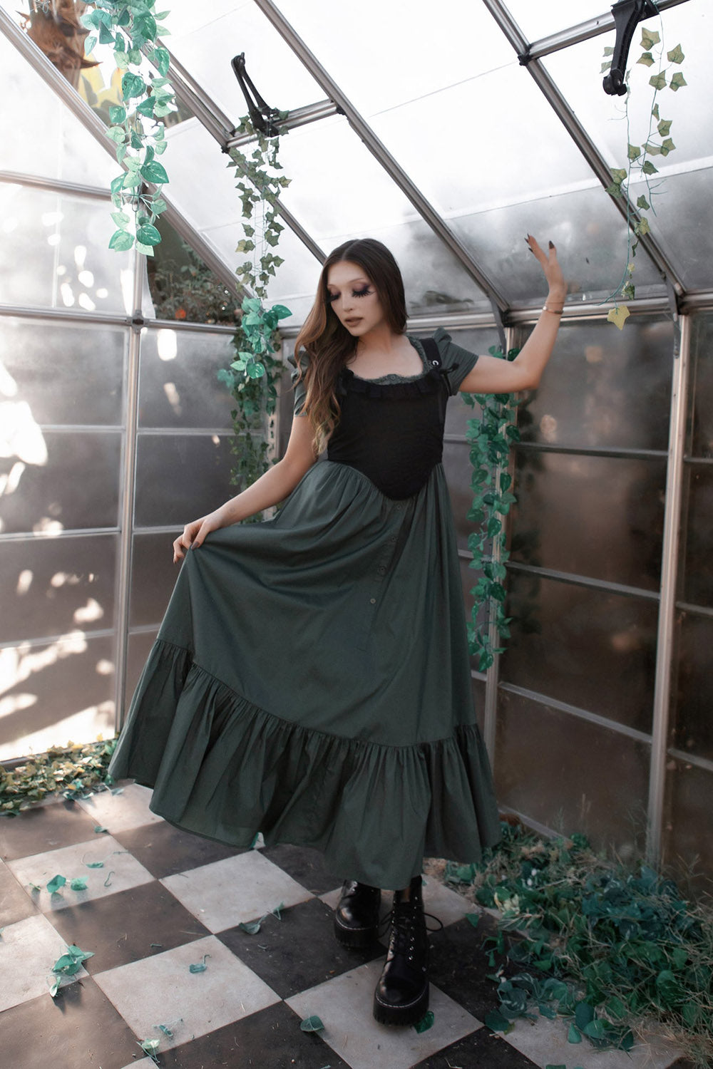 womens puff short sleeve green cottagecore dress with a ruffled hem