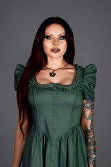 womens puff short sleeve green cottagecore dress with lace details 