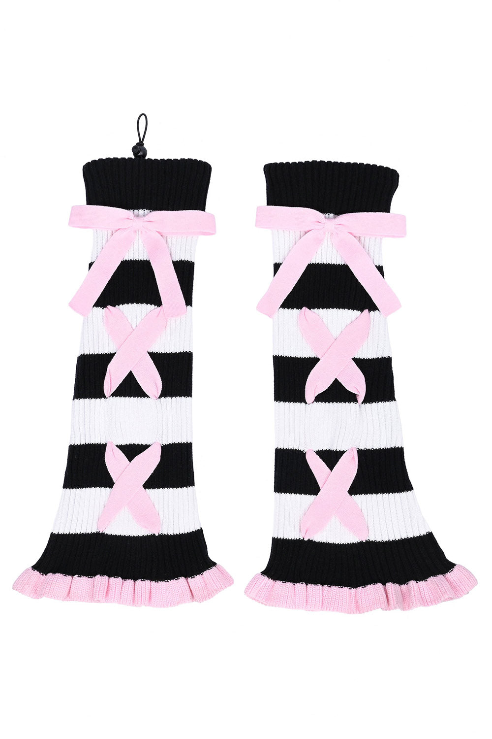 spooky sweet knitted striped leg warmers with pink bows