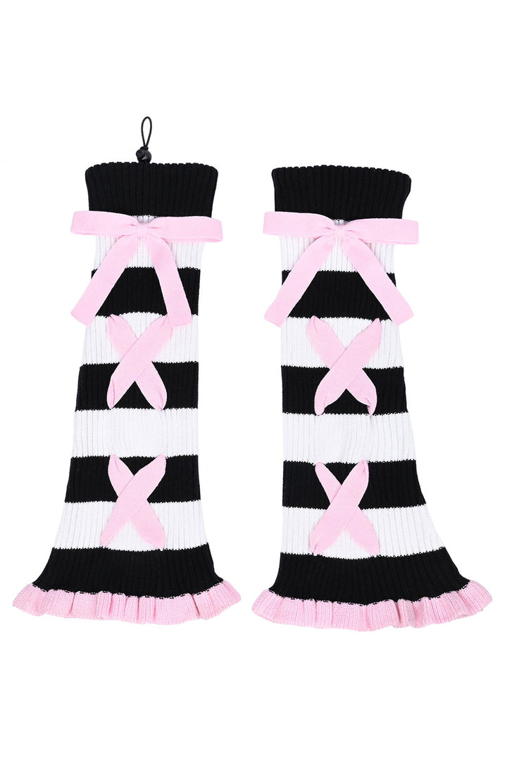 spooky sweet knitted striped leg warmers with pink bows