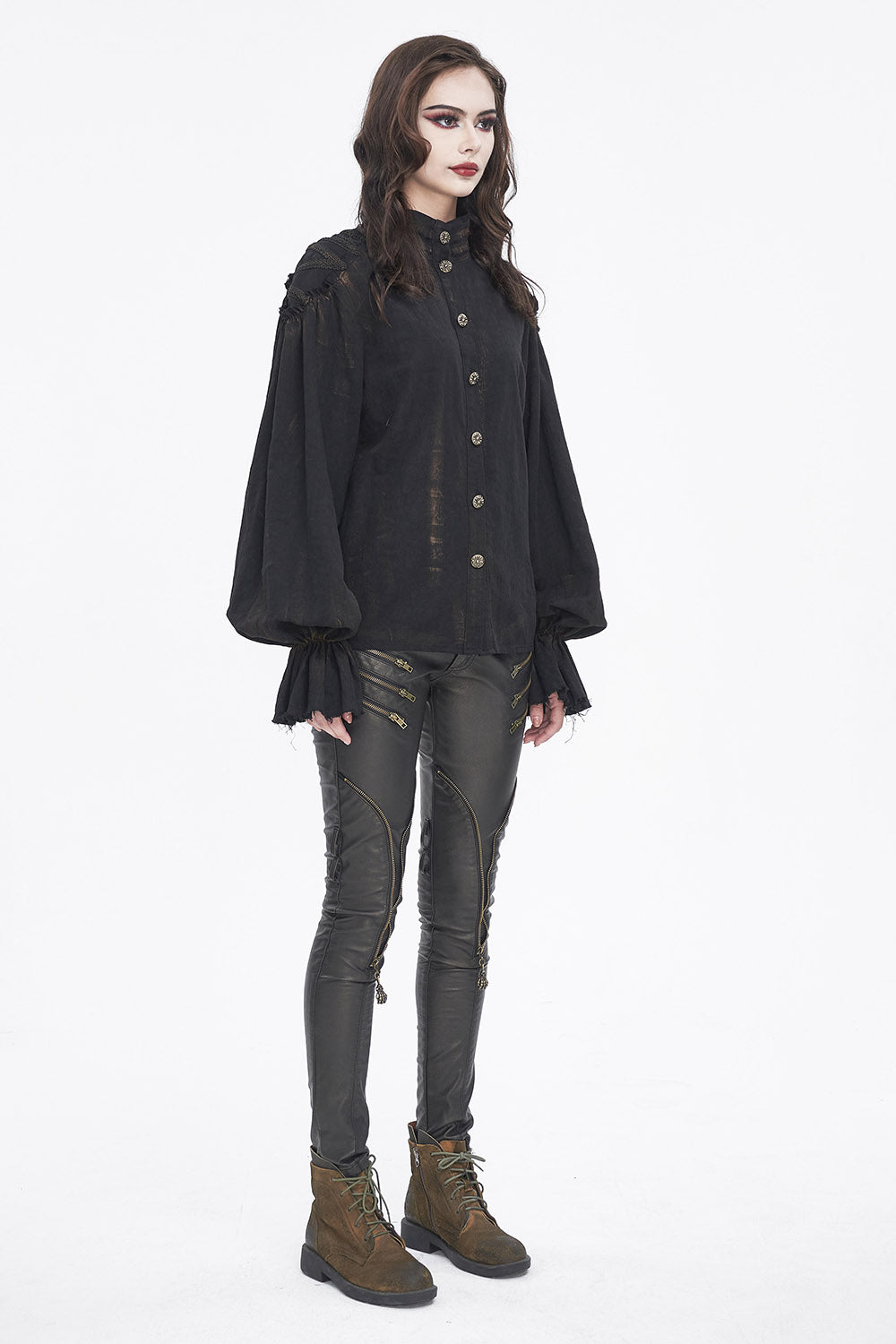 womens long puff sleeve long sleeve high collar pirate blouse 