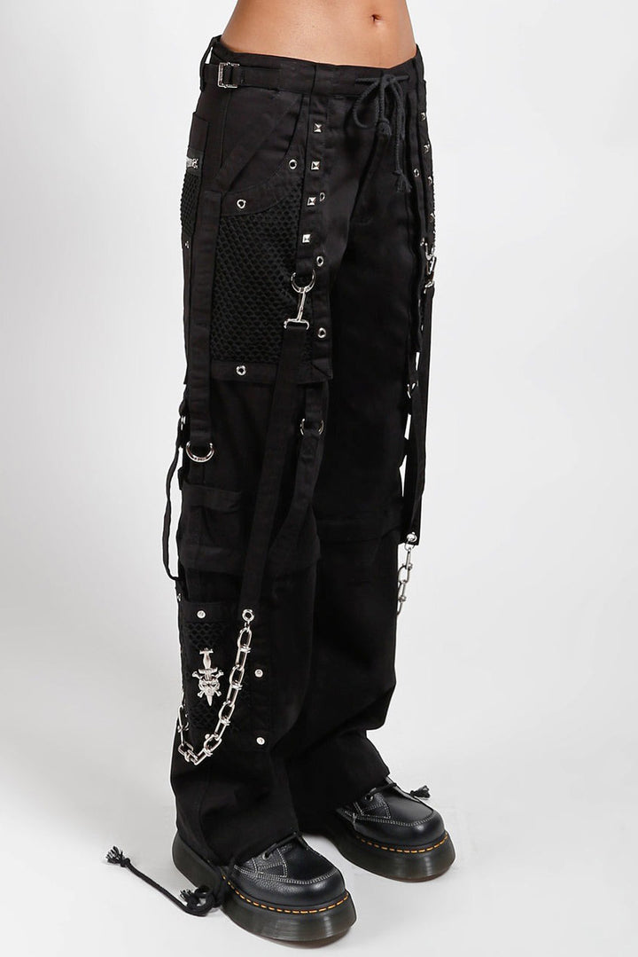 Black tactical pants with chain details on a white background