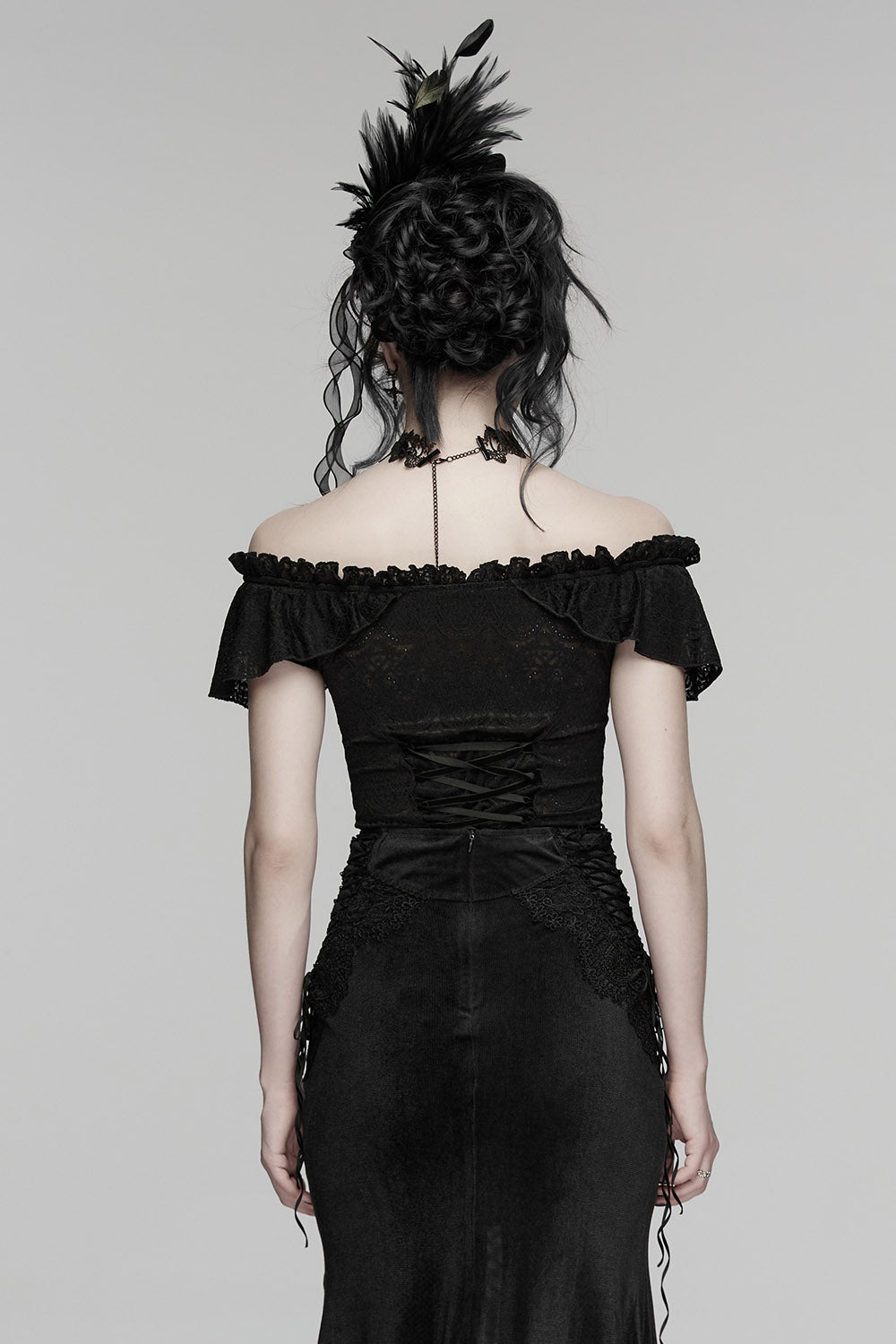 embroidered lace-up ruffled off the shoulder top