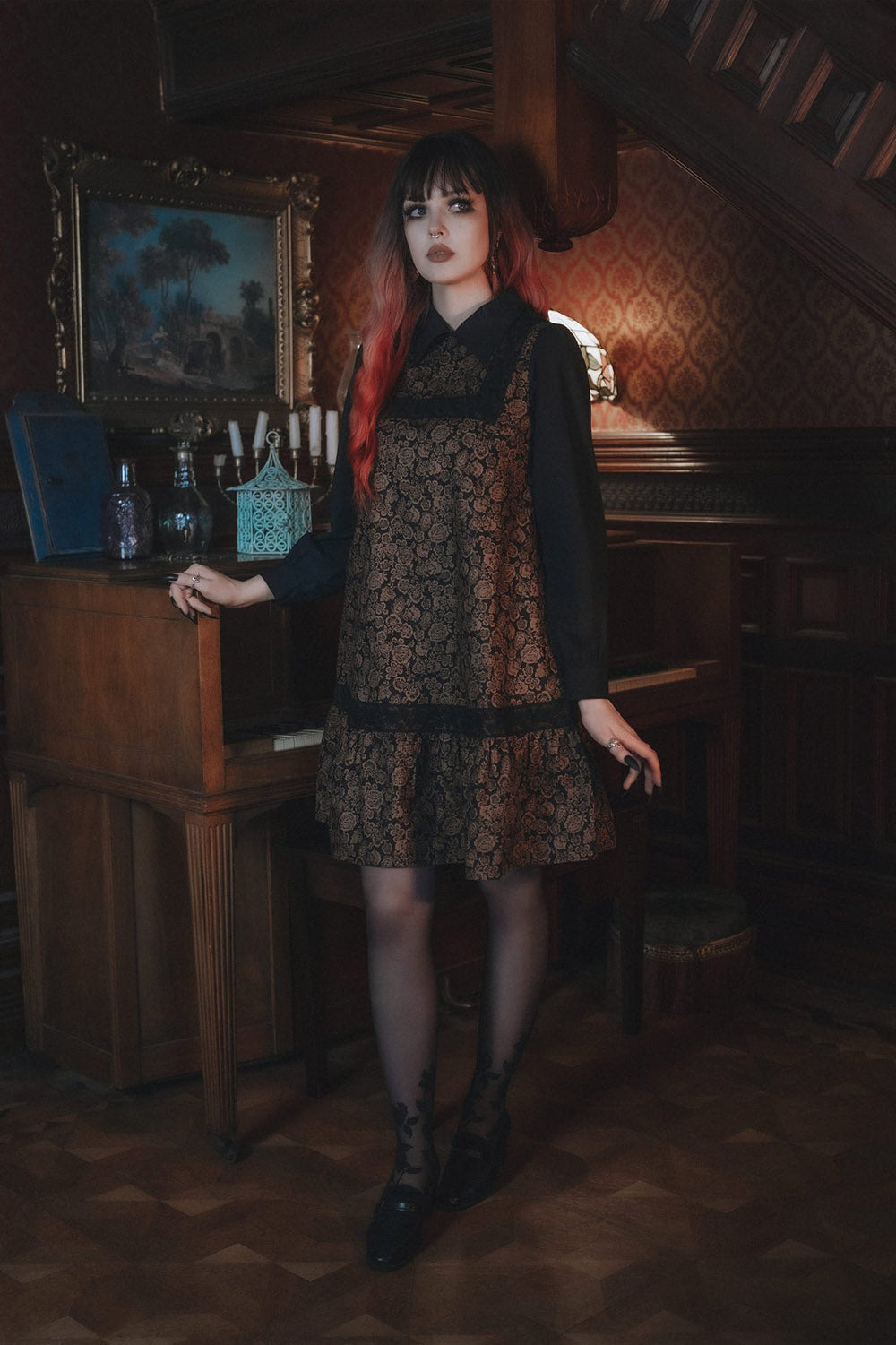 collared dark bohemian 70s inspired dress