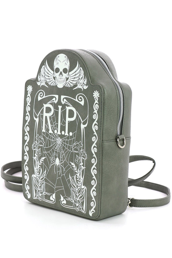 grey tombstone shaped backpack