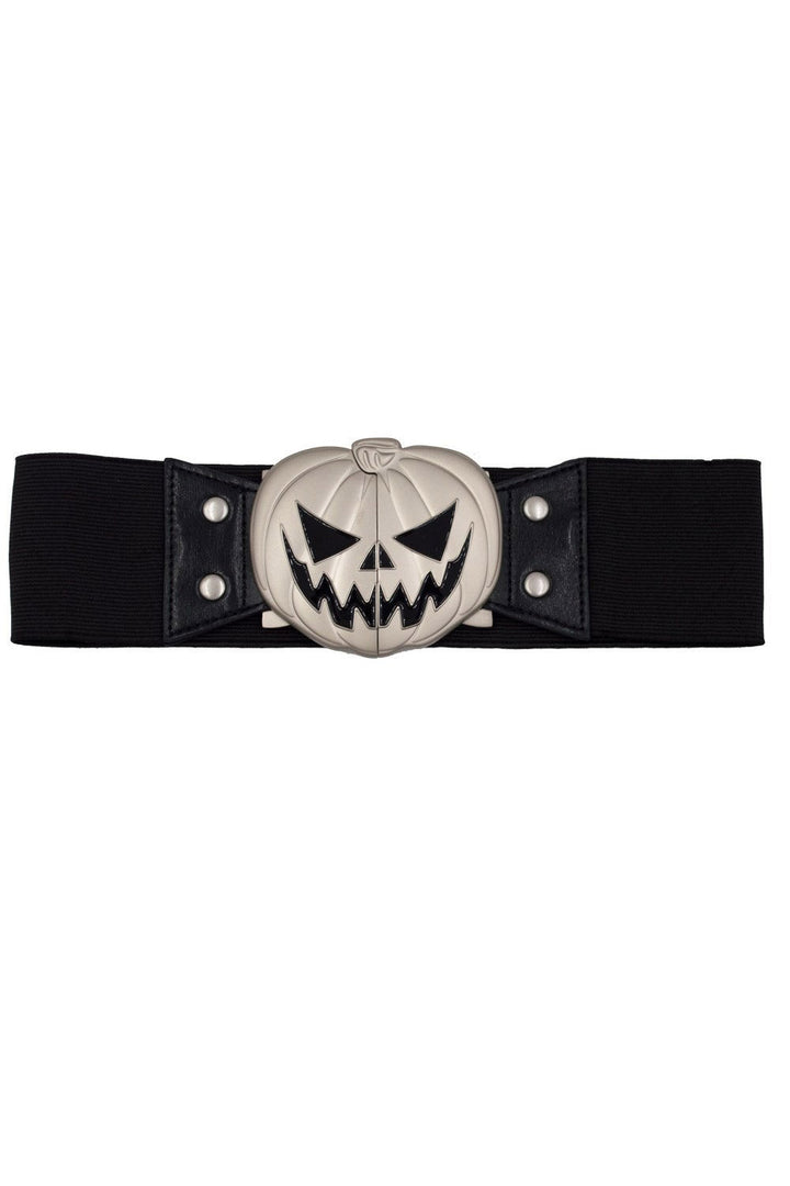 Black belt with a pumpkin face buckle on a white background