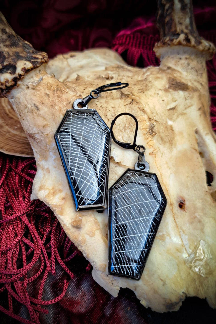 black coffin earrings with real preserved spiderwebs 