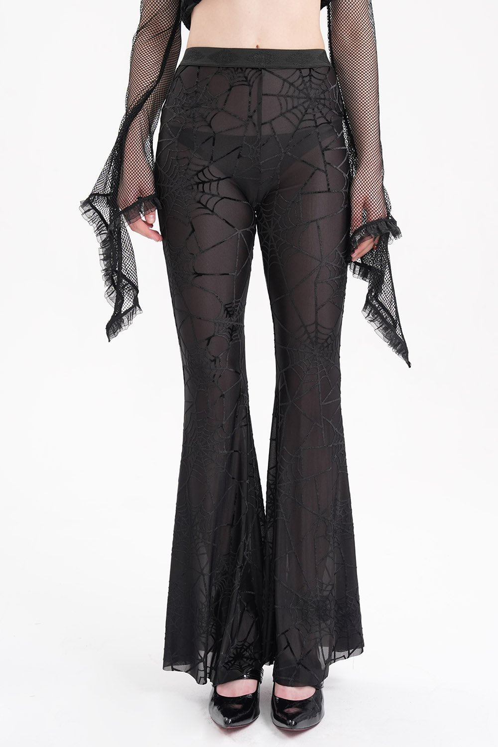 Creepy Crawly Mesh Spiderweb Flares - womens bottoms - VampireFreaks - Devil Fashion