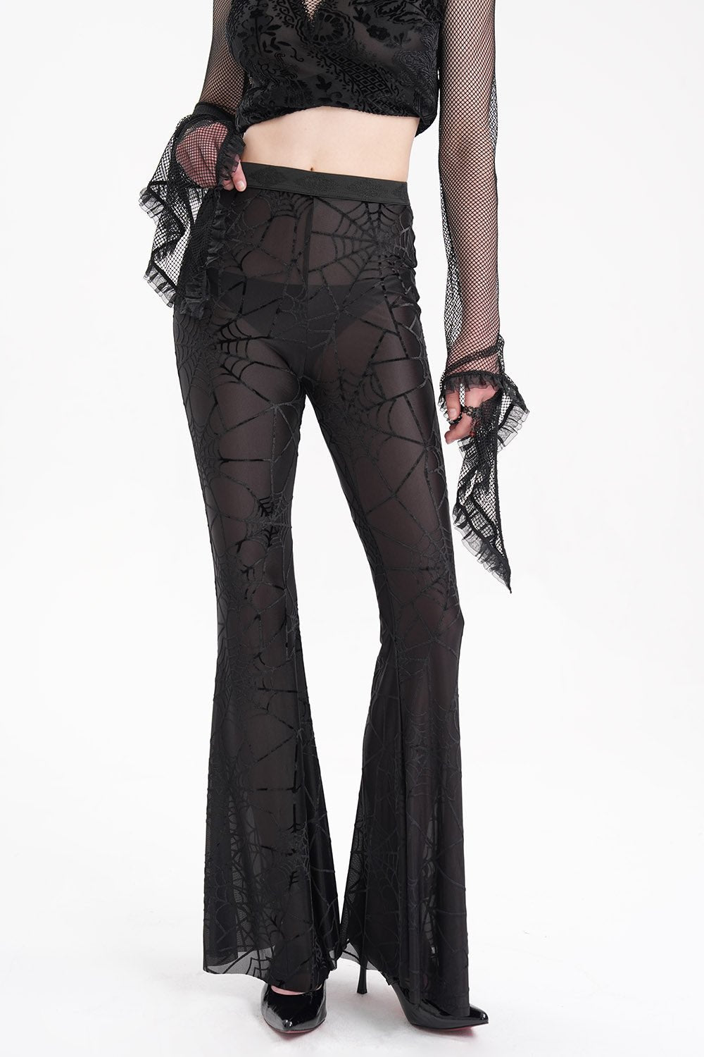 Creepy Crawly Mesh Spiderweb Flares - womens bottoms - VampireFreaks - Devil Fashion