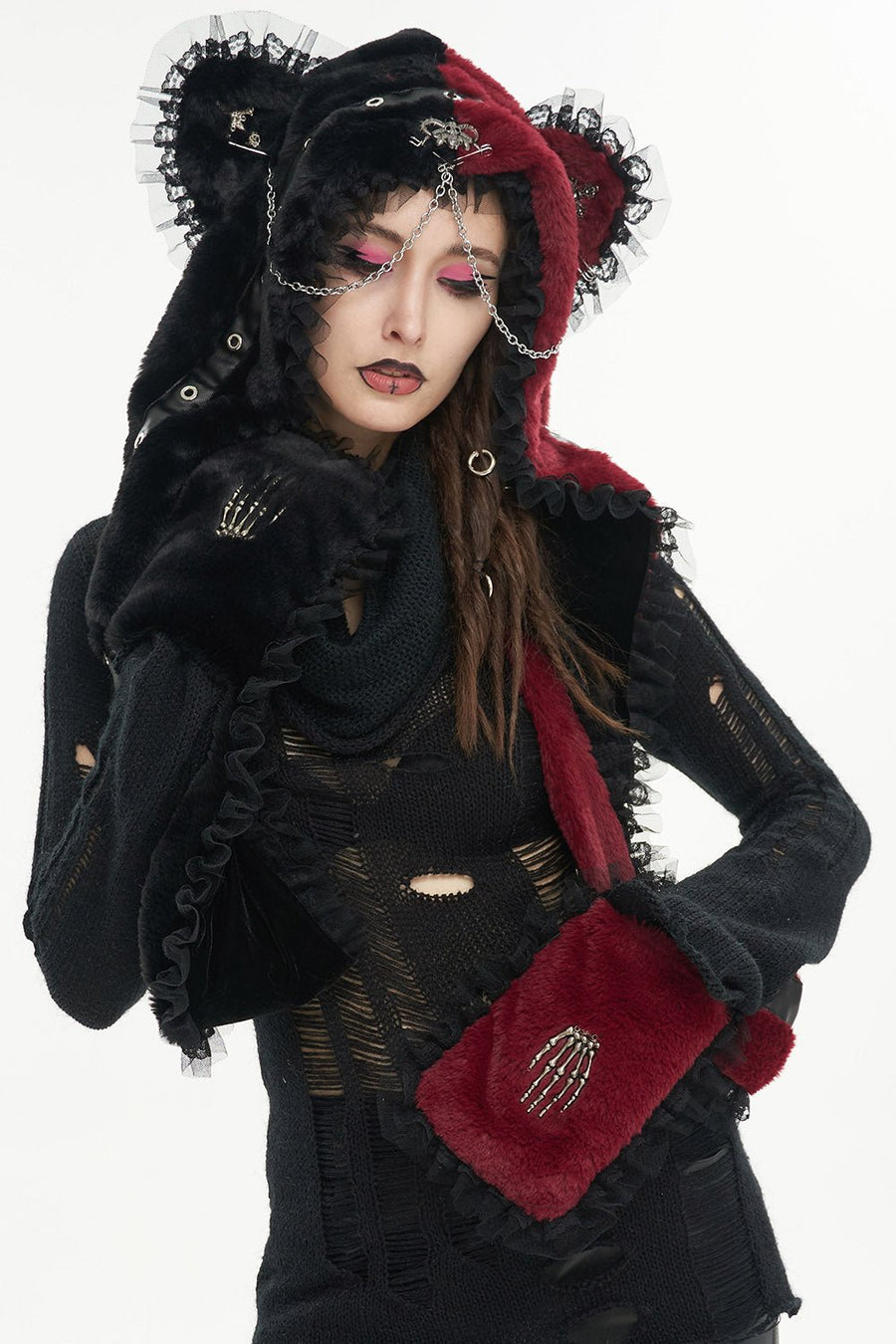 Creepy Cuddles Bear Ear Hat [RED/BLACK] - hats & scarves & headwear - VampireFreaks - Devil Fashion