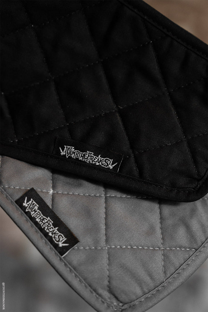 closeup of quilted gothic oven pot holders