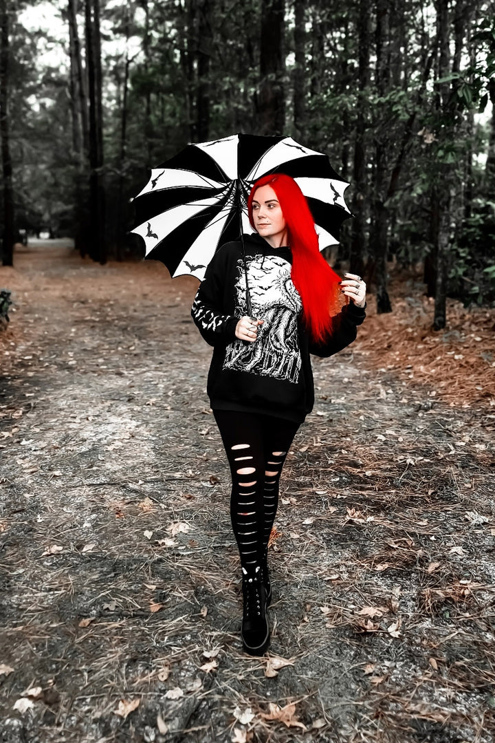 black and white striped whimsical goth umbrella