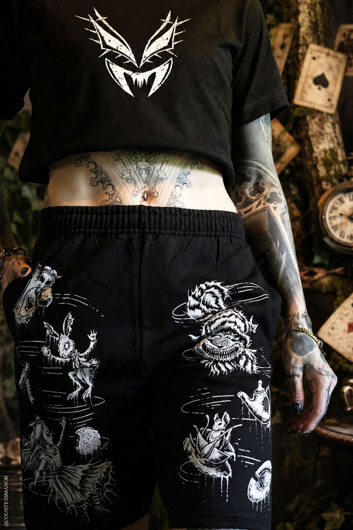 black cotton blended alice in wonderland whimsigoth shorts