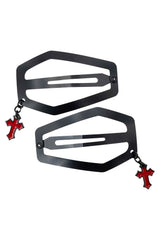 punk goth occult black hair clips hair accessory with red cross charm