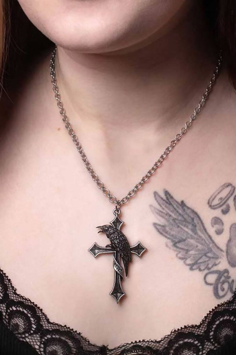gothic crow and cross necklace