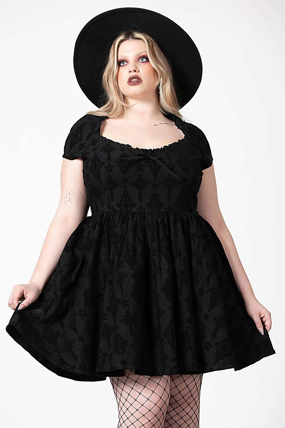 Crossed Chloe Flocked Skater Dress - dresses - VampireFreaks - Killstar