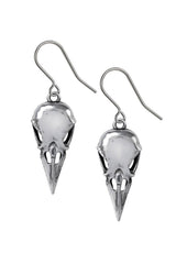 Silver bird crow skull earrings on a white background