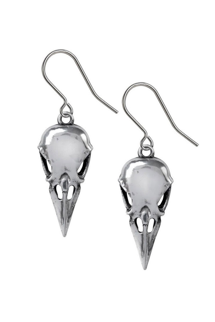Silver bird crow skull earrings on a white background