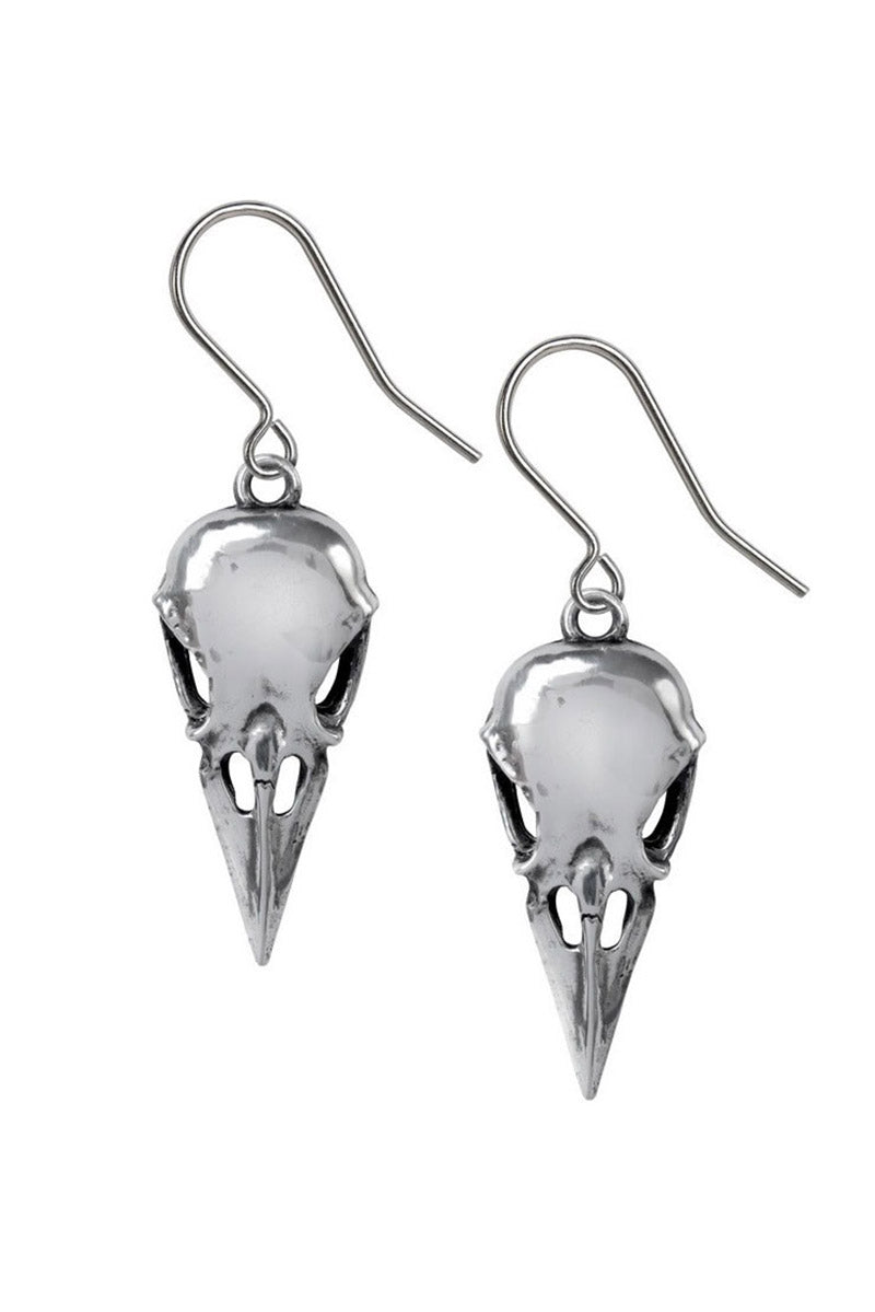 Silver bird crow skull earrings on a white background