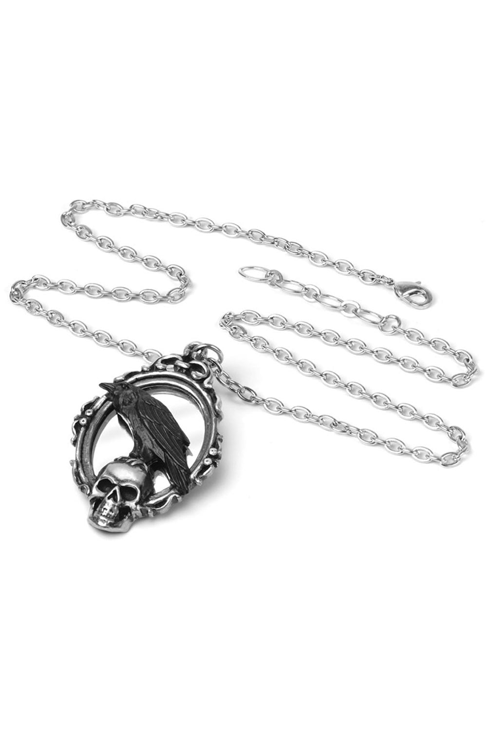 pewter alchemy england gothic raven pendant necklace with skull and cameo frame 