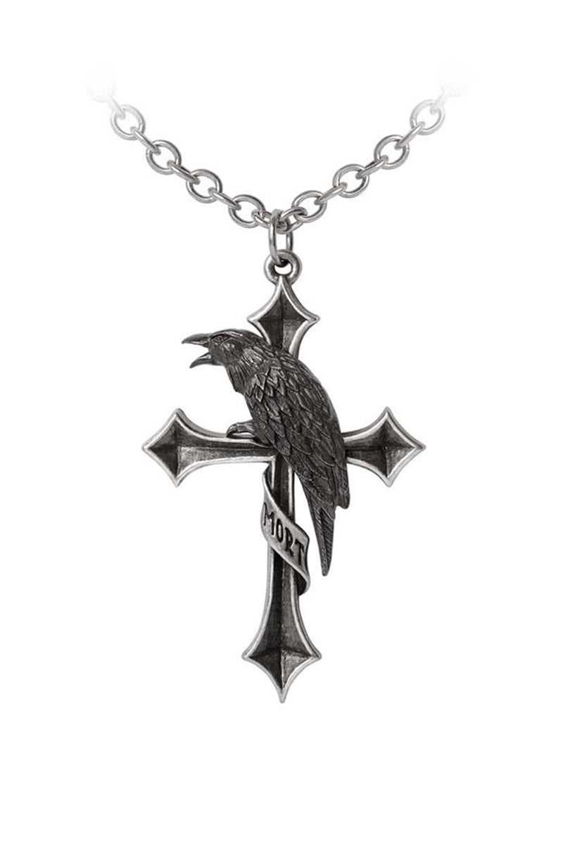 Silver cross pendant with a crow design on a white background