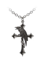 Silver cross pendant with a crow design on a white background