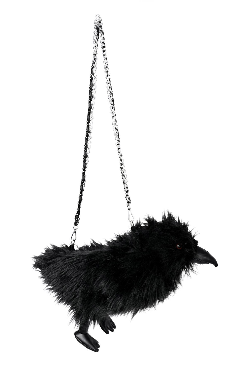 A black raven-shaped faux fur purse with a chain strap, shown against a plain white background.