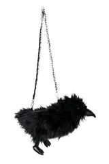 A black raven-shaped faux fur purse with a chain strap, shown against a plain white background.