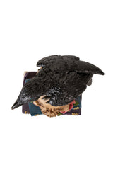 spooky raven sitting on skull statue