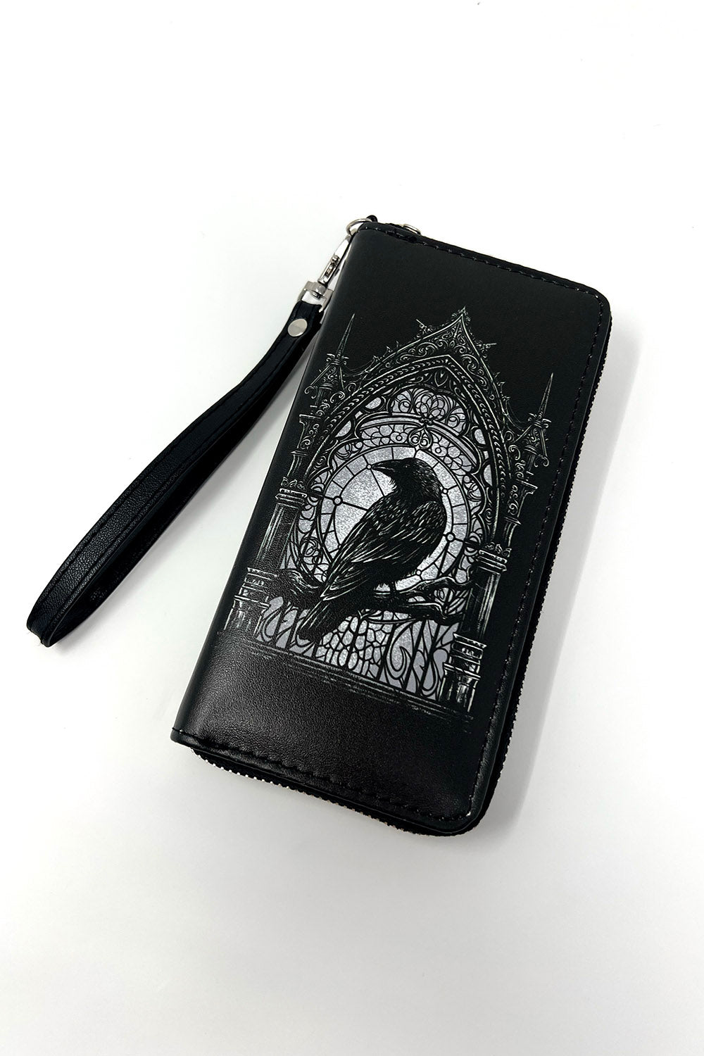 cathedral gothic crow vegan leather wallet with wristlet strap 