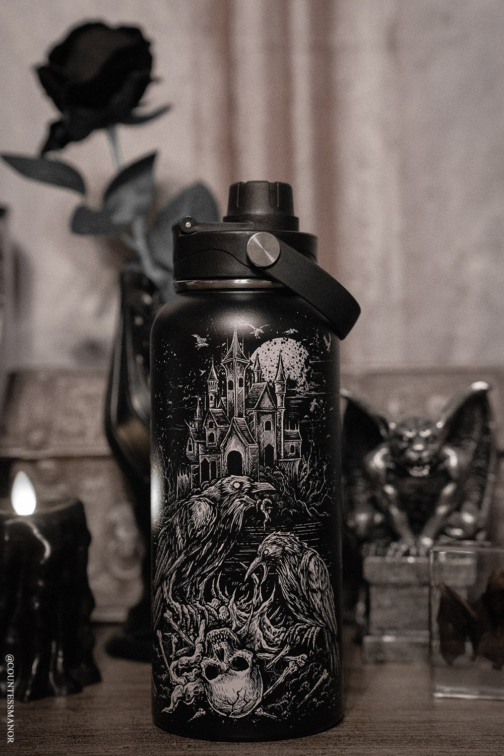 stainless steel raven gothic water bottle