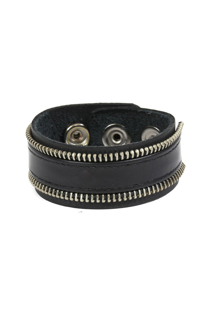 black leather cuff bracelet with zipper hardware 