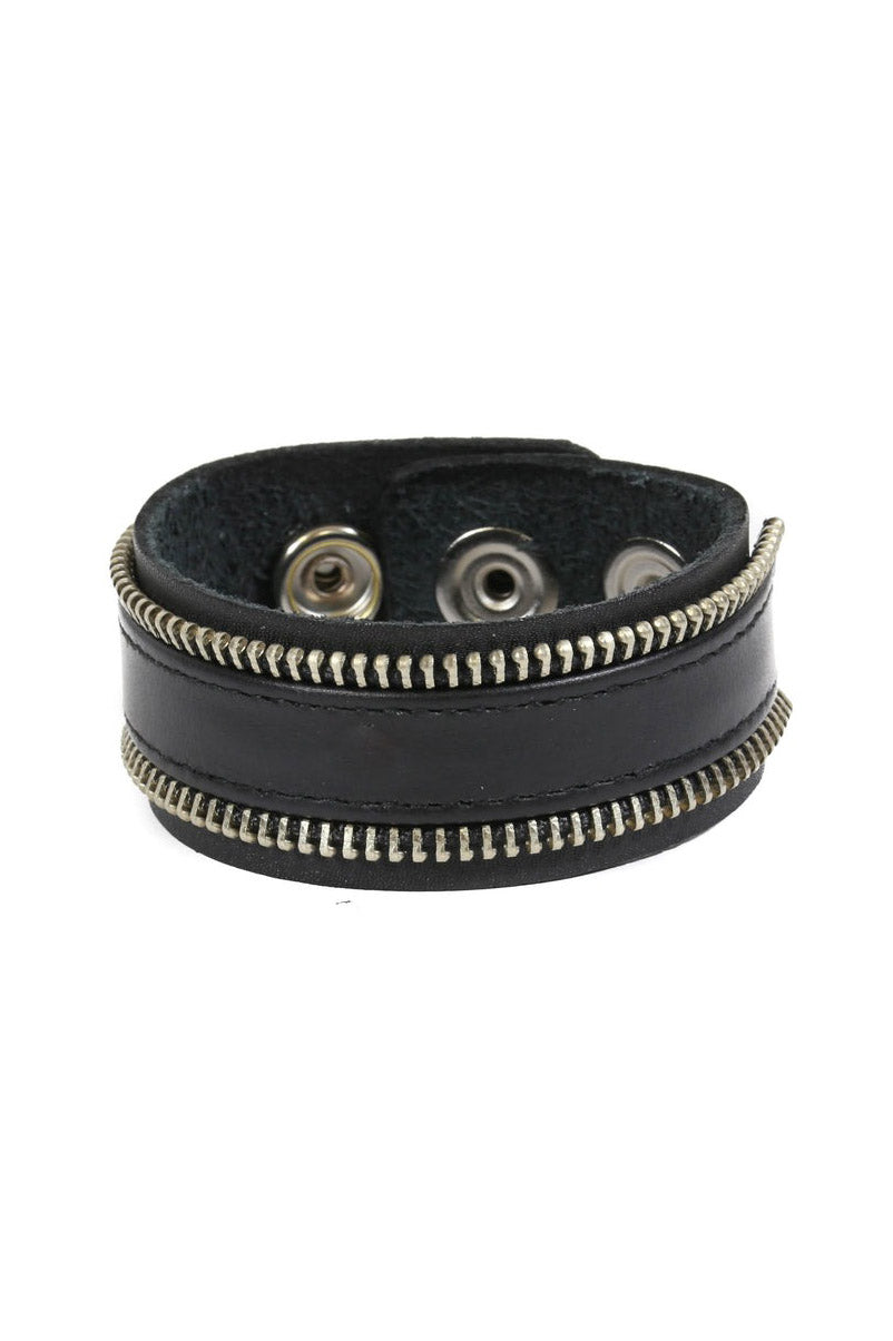 black leather cuff bracelet with zipper hardware 
