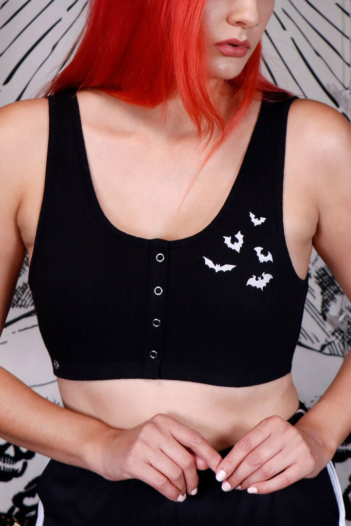 crop top embroidered with white bats 