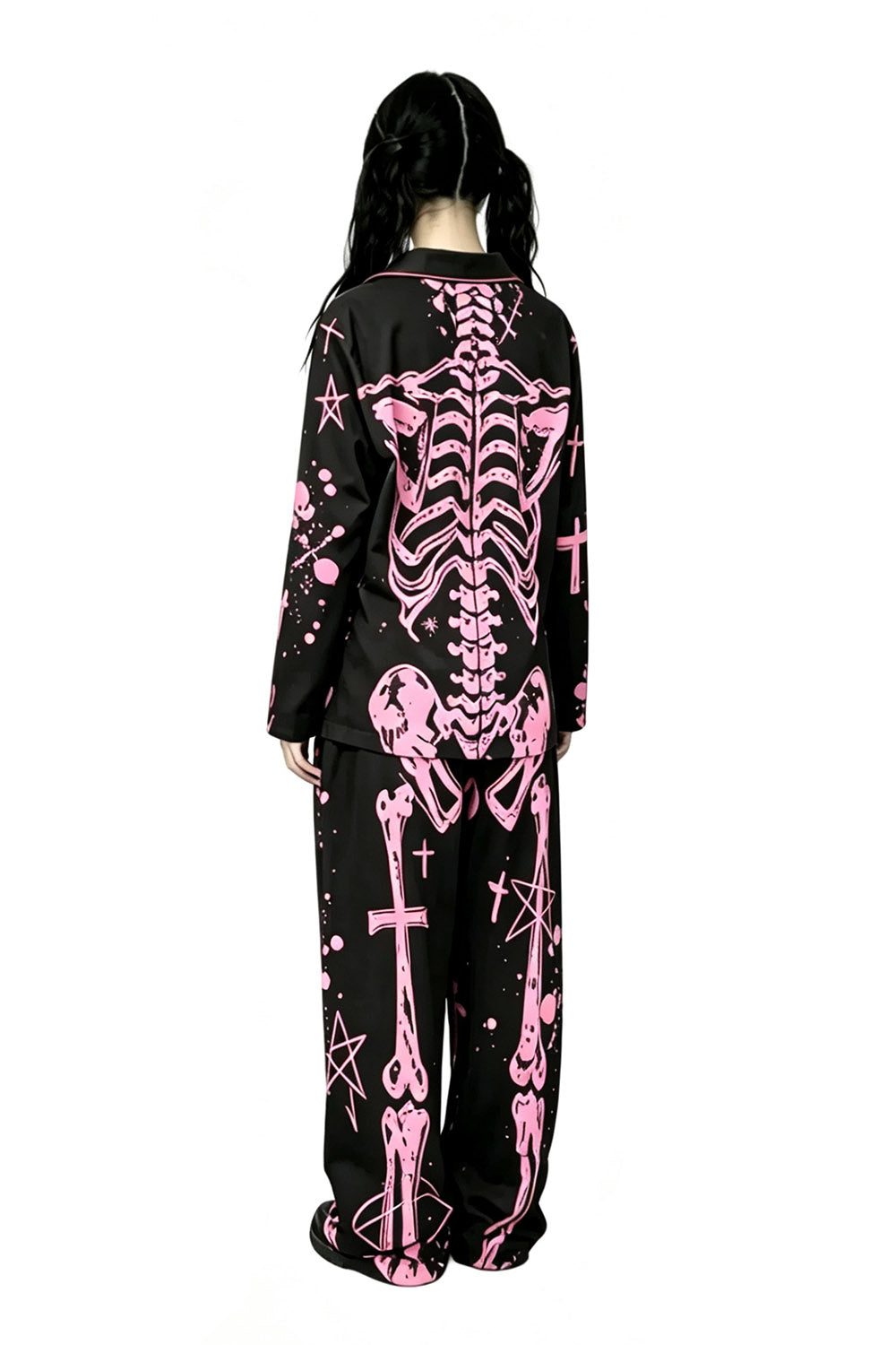 quirky pastel pink and black gothic skeleton pajamas set