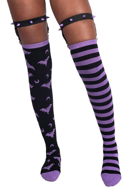 Purple Stripes Thigh High Garter Socks [BLACK/PURPLE]